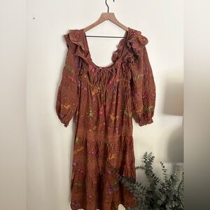 FARM Rio Boho Western Ruffled Brown Spotted Horse MIDI Dress Women’s Large EUC